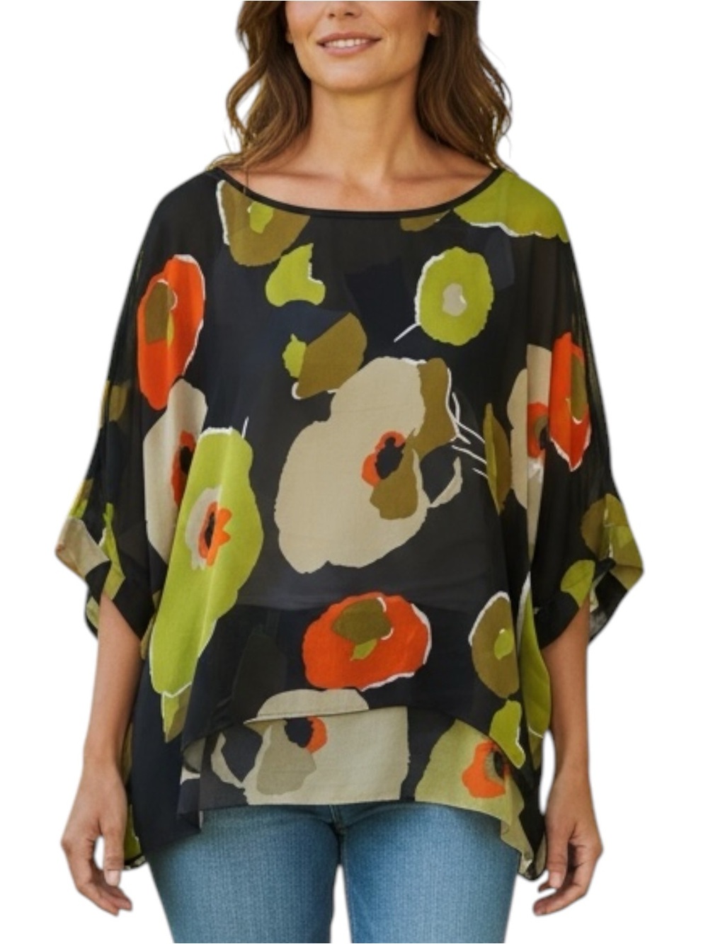 New Ckikiou Black, Green, Orange Semi-Sheer Floral Top Dolman Sleeves - One Size